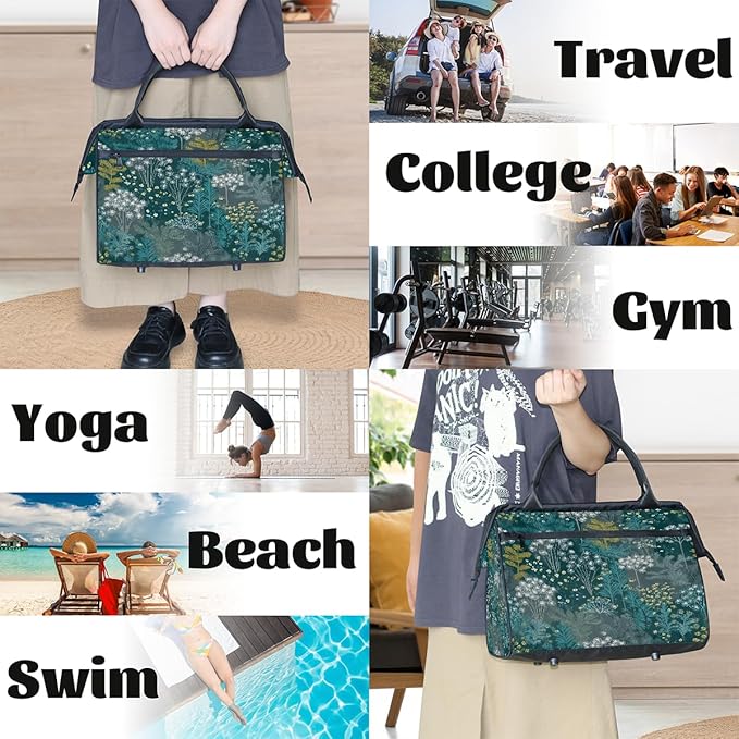 Teal Green Plant Pattern Overnight Weekender Bags for Women Men, Waterproof Travel Carry On Duffel Bag, Lightweight Sports Gym Bag for Fitness, Workout, Travel