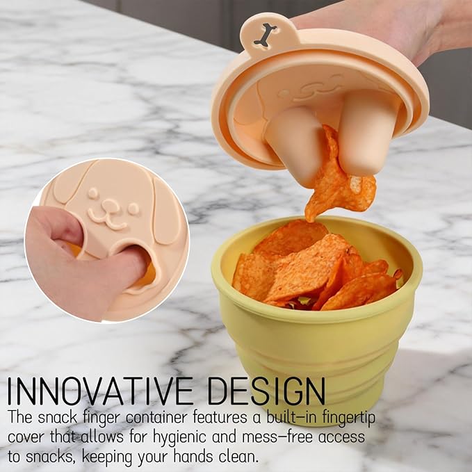 Snack Finger Container 2 in 1 No-Mess Collapsible Food Storage Snack Cup with Lid - Keep Hands Clean, Reusable for Travel, Home, and Camping (Pink)
