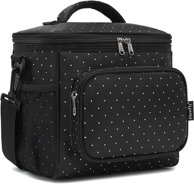 FlowFly Insulated Reusable Lunch Bag Adult Large Lunch Box for Women and Men with Adjustable Shoulder Strap,Front Zipper Pocket and Dual Large Mesh Side Pockets,Dot