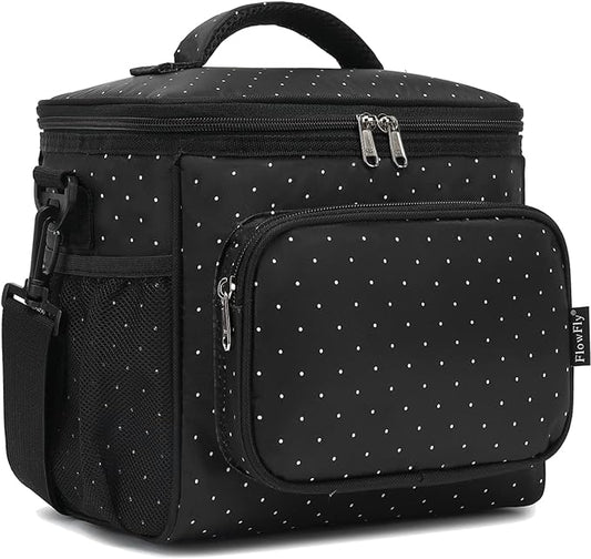FlowFly Insulated Reusable Lunch Bag Adult Large Lunch Box for Women and Men with Adjustable Shoulder Strap,Front Zipper Pocket and Dual Large Mesh Side Pockets,Dot