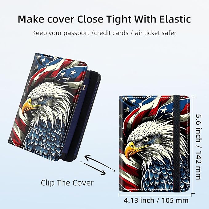 RFID Security Premium Passport and Travel Document Holder Combo, Slim PU Leather Folio Wallet with 3 Card Slots & Boarding Pass Pocket, Secure Elastic Closure Organizer, American Flag Eagle