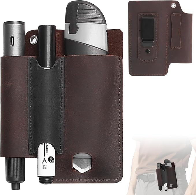 Leather Tool Belt Pouches Tool Holster EDC Pouch with Belt Clip, Multitool Sheath Pocket Organizer Includes Metal Clip, Fits Flashlight, Pen