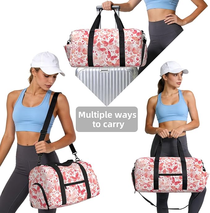 Butterflies Watercolor Coral Pink Women'S Gym Duffle Bag With Shoes Compartment, Ideal For Travel, Gym, Sports, Duffel, Weekender