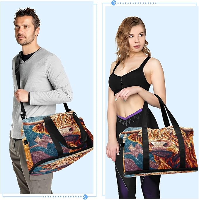 Travel Duffel Bags for Women Colorful Mosaic Cow Print Sports Duffel Bags Gym Bags with Shoes Compartment Tote Bag Weekender Bag for Travelling