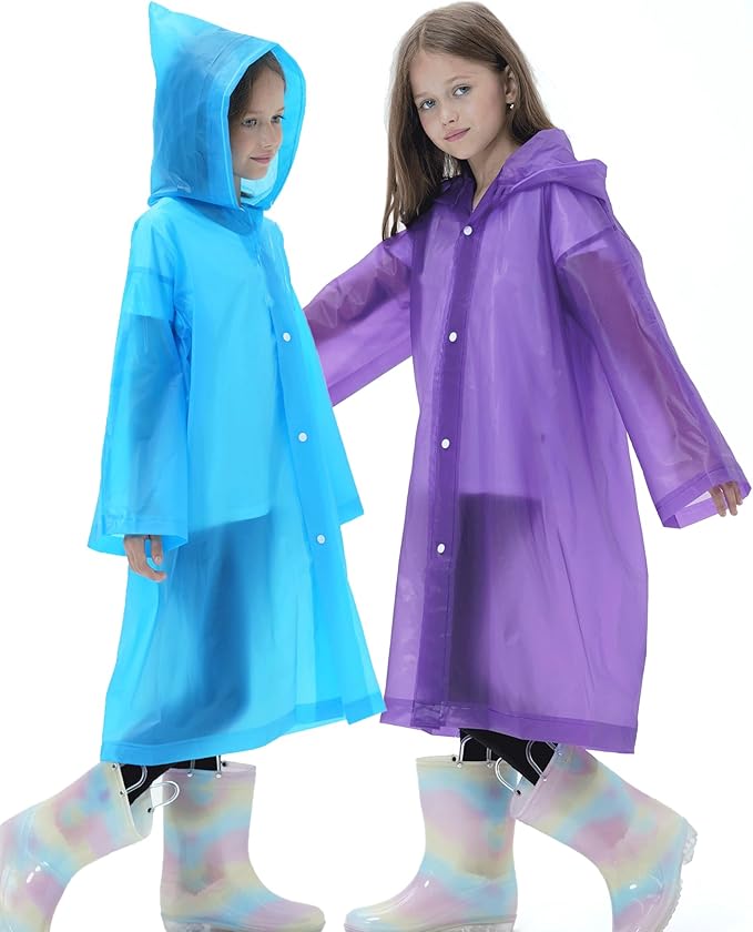 2 Pack Raincoats for Kids, Reusable Rain Ponchos with Hood and Sleeves Rain Coats for Boys and Girls