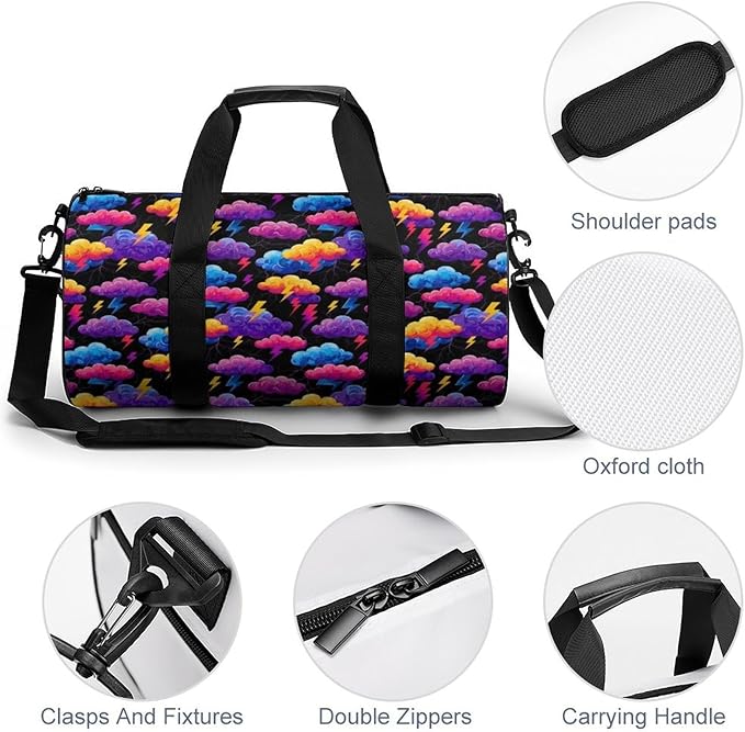 Weekender Carry on Beach Yoga Overnight Luggage Bag Unique Lightning Bolt Storm Clouds Pattern Print Gym Sports Duffle Bag Dance Gymnastics Bags