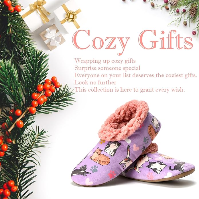 Soft Fuzzy Slippers for Women Indoor, Warm Furry House Sock Shoes Fluffy Lined, Bedroom Booties Non-Slip Gripper Soles, Winter Cozy Christmas Gifts