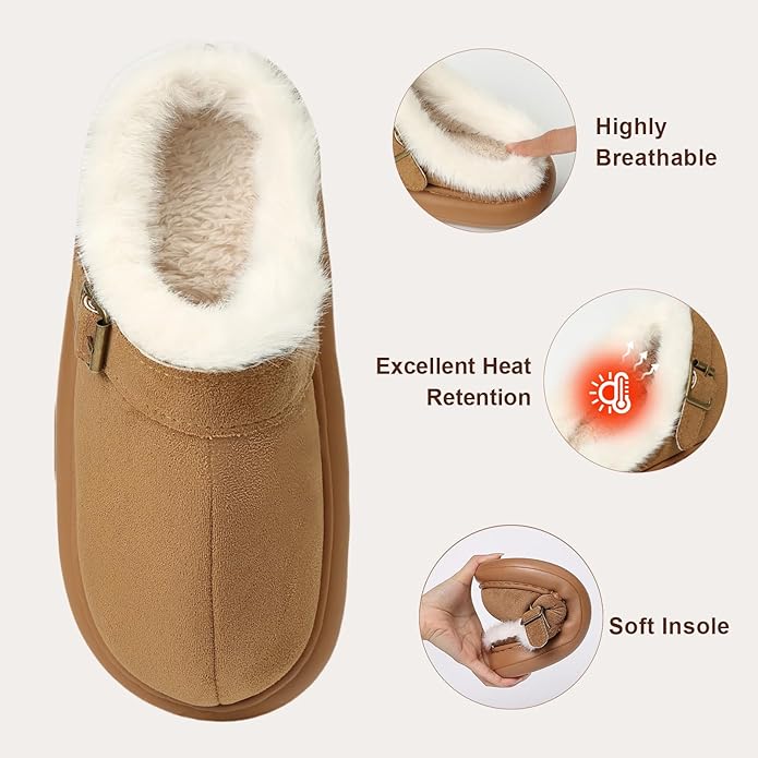 Close Toe Slip On Cotton Slippers with Breathable Faux Fur Memory Foam House Slippers for Women Warm Fuzzy Indoor Slippers with Non-Slip Rubber Sole