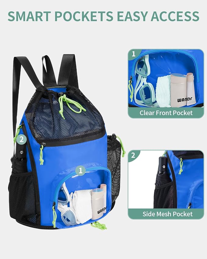 WANDF Swim Bag with Wet Pockets, Sandproof Beach Backpack with 40oz Tumbler Side Pockets, Mesh Drawstring Backpack Swim Bag for Swimming, Pool, Gym and Workout Gear (Blue)