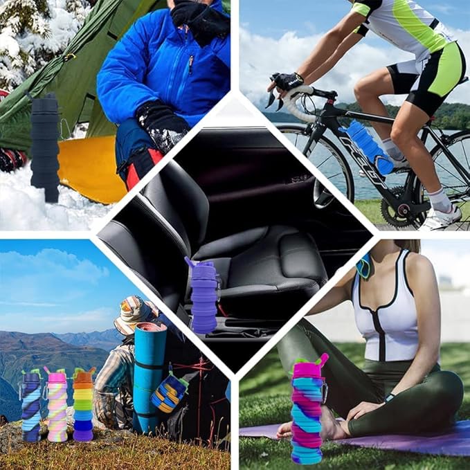 Collapsible Water Bottles 2 Pack Silicone Water Bottle with Carabiner Expandable Water Bottle 500ml Portable Sport Water Bottle for Travel Camping.(Black+Blue)