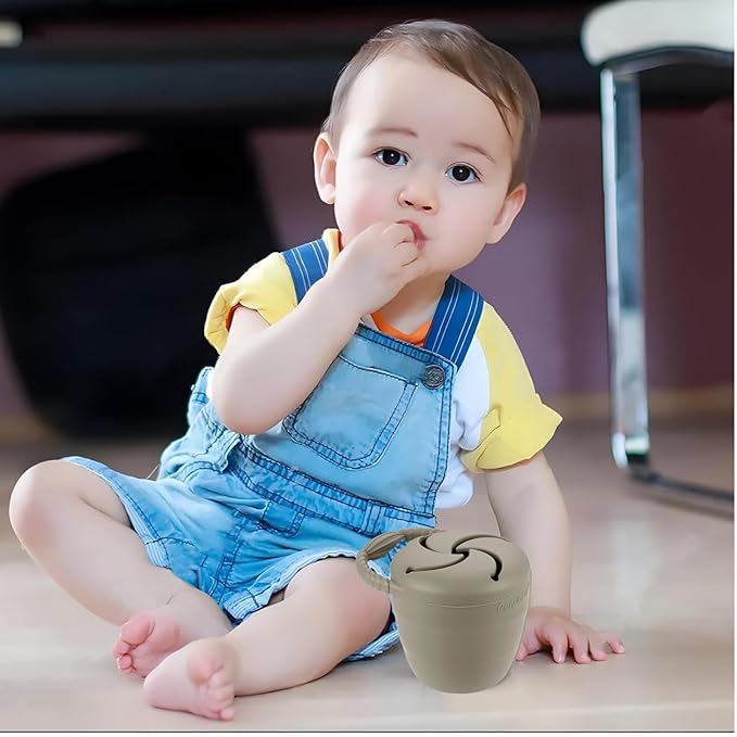 PandaEar Silicone Snack Containers, Collapsible Toddler Snack Cups Spill Proof Food Catcher for Toddler Baby, Pack of 2 (Light Tan/Walnut)