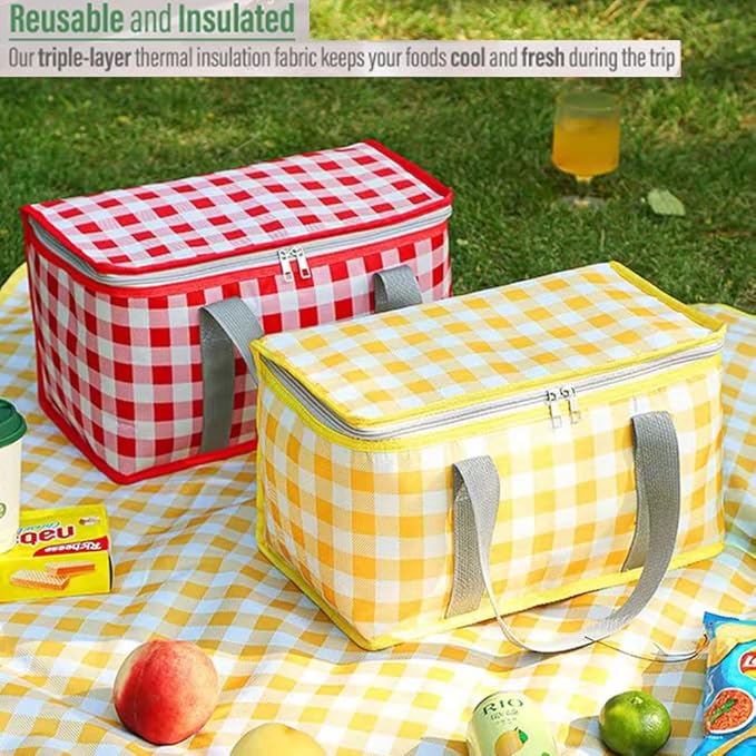 Insulated Picnic Bag Cooler Reusable, Beach Bag Cooler Bags with Zippered Top - Insulated Bag for Hot or Cold,Picnic Basket Collapsible, Picnic,Beach, Outdoor (13.8x7.9x7.9 in)
