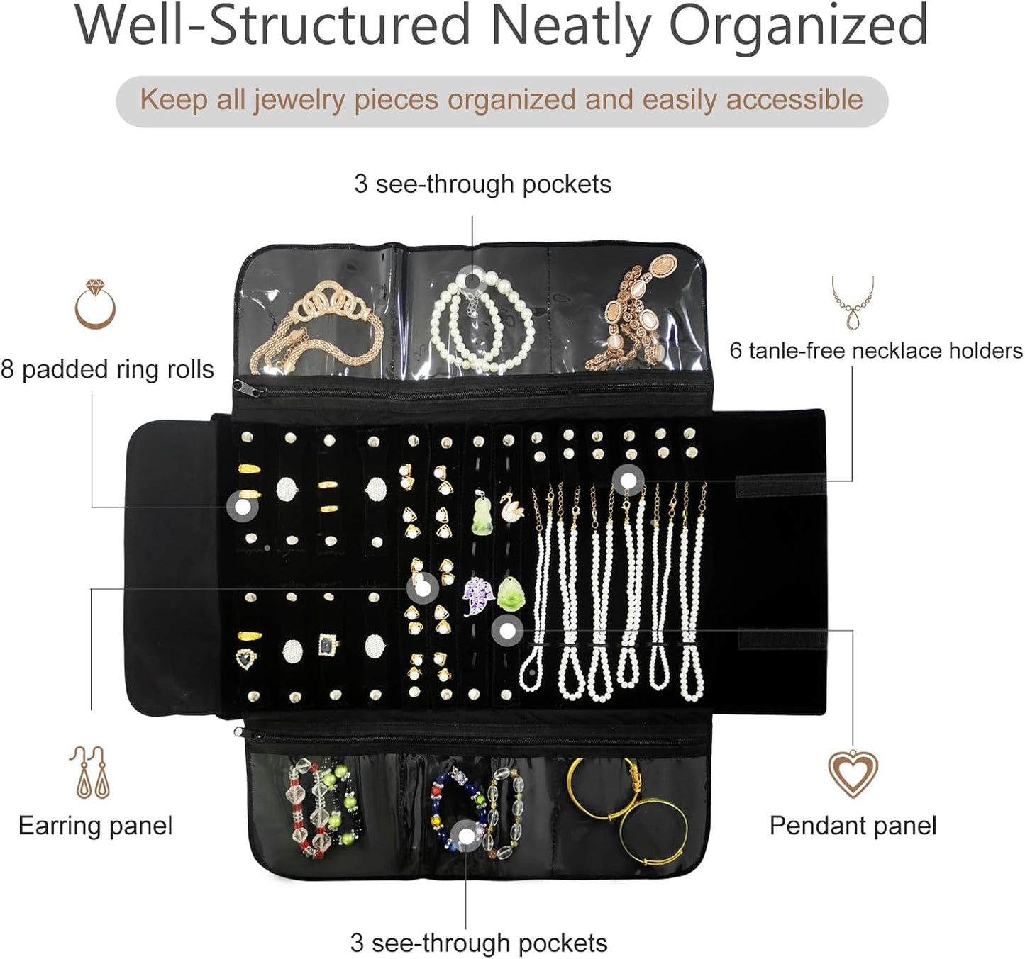 Velvet Travel Jewelry Case Roll Bag Organizer for Necklace Bracelet Earrings Ring (Black)