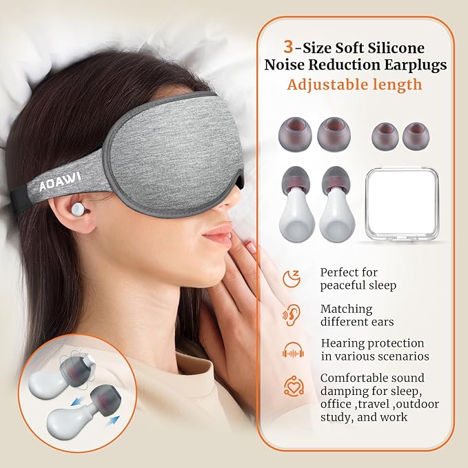 Sleep Eye Mask 3D Contoured cup Soft and Gentle, Breathable, Comfortable for side sleeping, Travellers, Yoga, Men, Women, Adjustable, with silicone Ear Plugs for Sleeping Noise Reductions (Grey)