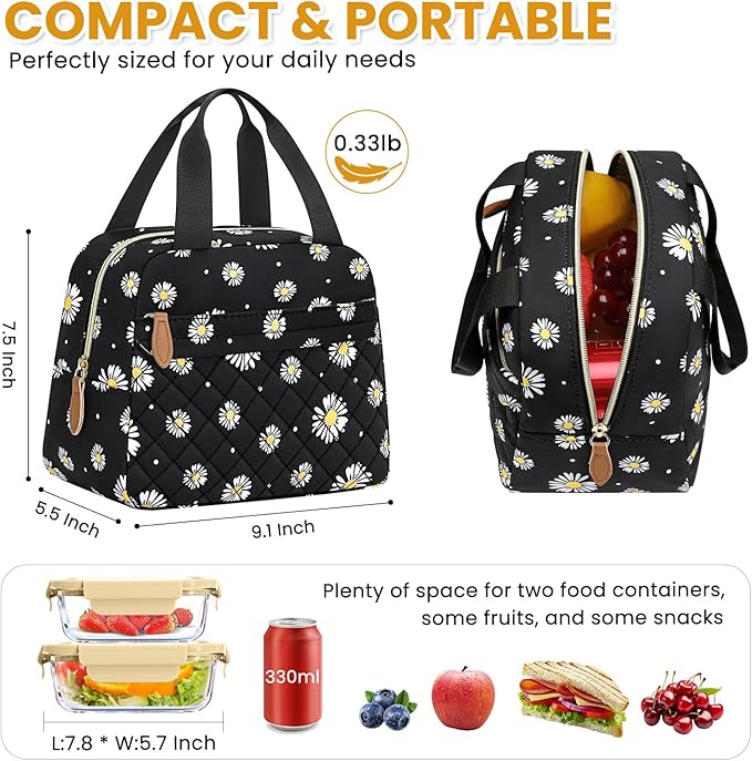 Insulated Lunch Bag for Women, Portable Lightweight Lunch Box for Adults, Reusable Small Lunch Tote Cooler Bags with Front Zipper Pocket for Work School Picnic(Black-Floral)