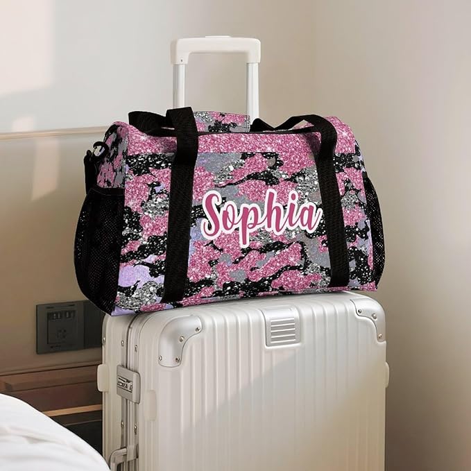 Personalized Name Sports Player Duffel Bags Pink Camouflage Sparkle Sequin Print Travel Perform Training Waterproof Casual Bag Weekender Overnight Bag