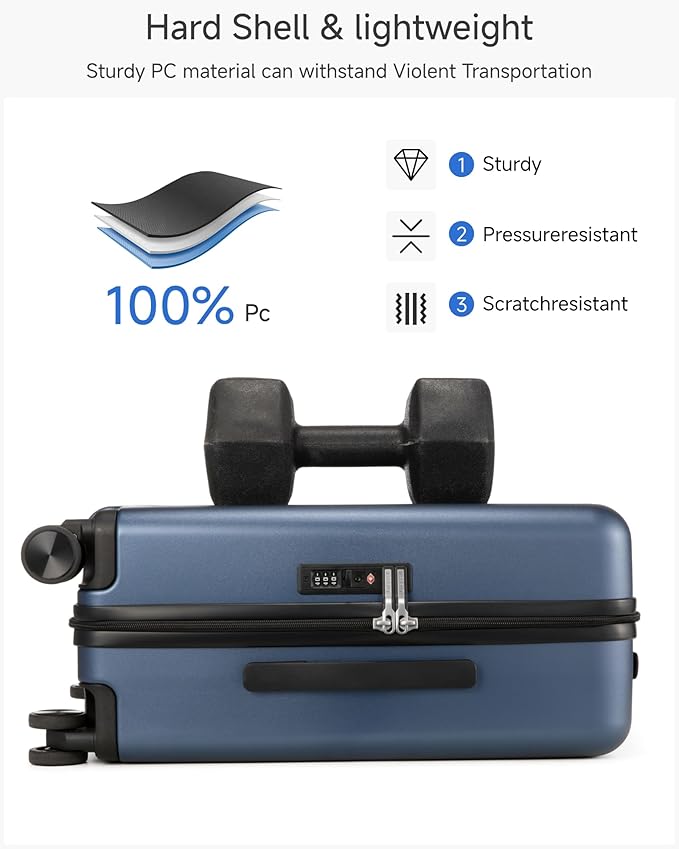 LUGGEX Carry On Luggage 22x14x9 Airline Approved, L2 100% PC Hard Shell Travel Suitcase with Smooth Spinner Wheels, TSA Lock (EX-Core, Blue, 20 Inch, 40L)