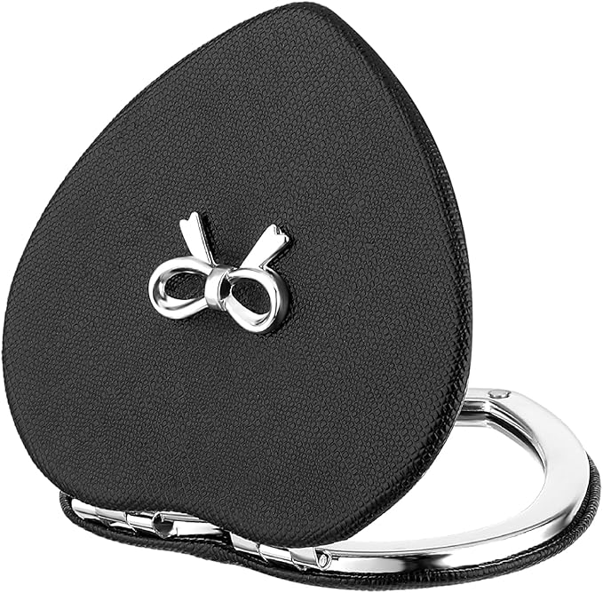 Compact Folding Heart Shaped Double-Sided 1X/2X Magnifying Mini Glitter Makeup Mirror with PU Leather for Women Home, Office and Travel (Silver)