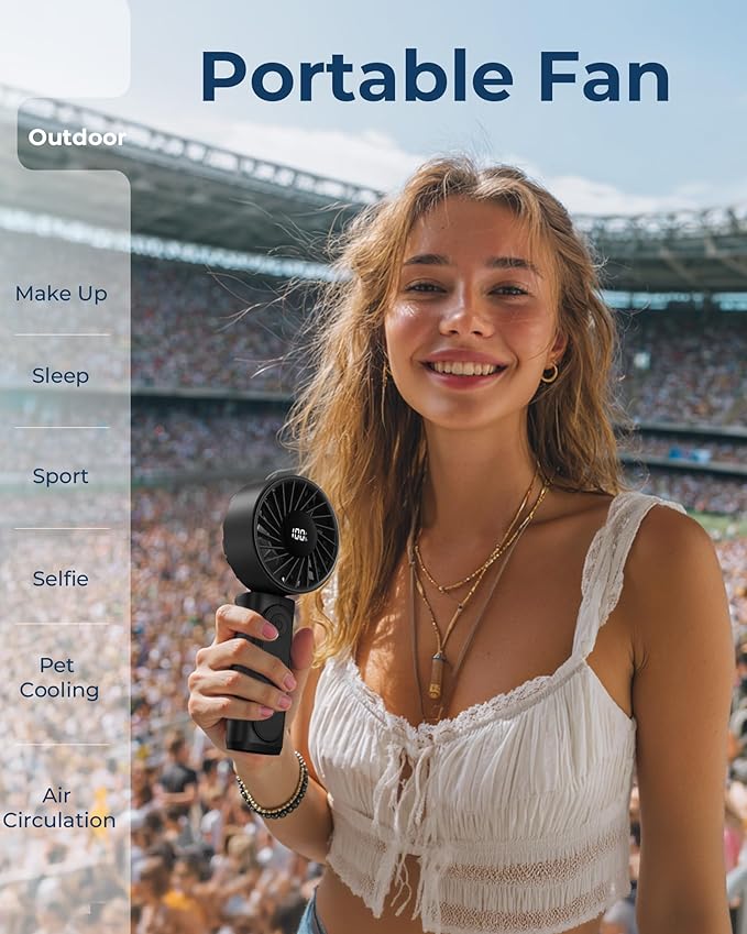 Handheld Fan, Portable Fan, 4000mAh Rechargeable Personal, 180° Foldable Mini Desk Fan with 6 Wind Speed, LCD Digital Display, Lanyard as Neck, Ultra Quiet, Pocket Size for Indoor Outdoor