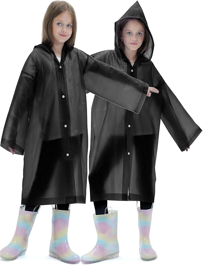 2 Pack Raincoats for Kids, Reusable Rain Ponchos with Hood and Sleeves Rain Coats for Boys and Girls