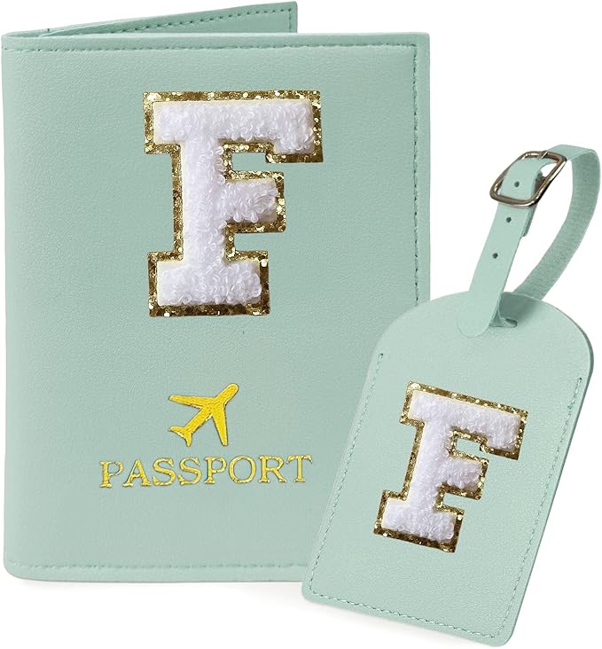 COSHAYSOO Green Passport Cover and Luggage Tag Set TSA Approved with Her Initial Chenille Letter Patch, Monogrammed Travel Bag Backpack Suitcase Identifier Gifts for Mom Women Teacher (F)