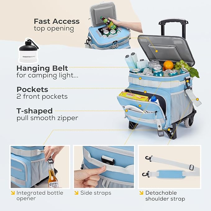 TOURIT 48 Can Collapsible Cooler with Wheels, Insulated Rolling Cooler with All-Terrain Cart, Waterproof Soft Sided Cooler Bag for Beach, Picnic, Camping, Shopping, Travel