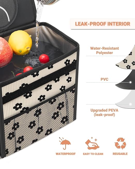 Capolo Car Trash Can with Lid, Leakproof Car Trash Bag Hanging Waterproof Automotive Garbage Can with Storage Pockets Mini Vehicle Trash Bin for Back/Front Seat(Corduroy Black Flower,3 Gallon)