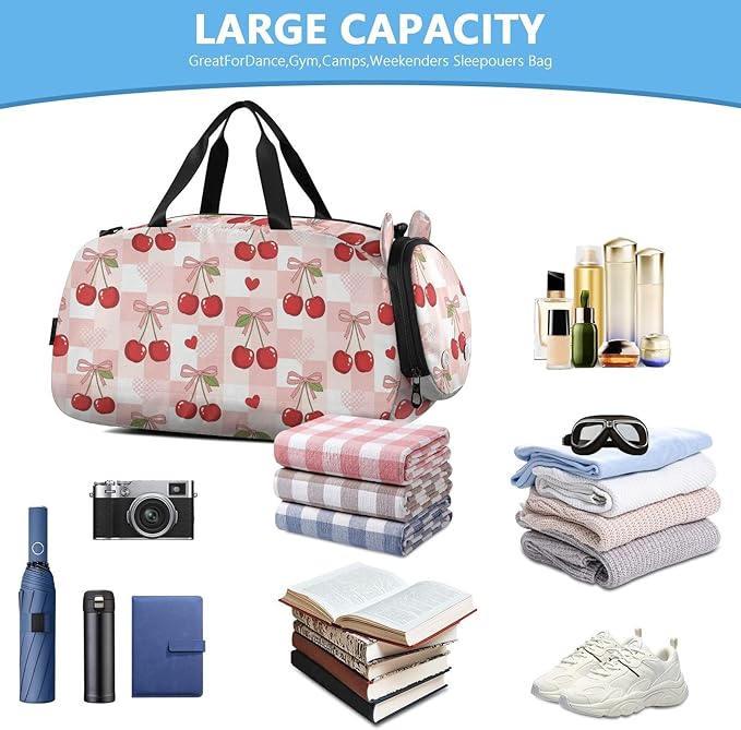 Cute Cherries Bows Pattern Kids Sports Duffle Bag for Boys Girls Toddler Weekender Overnight Bag with Shoe Compartment & Wet Pocket Kids Travel Bag for Travel Sport Gym Dance