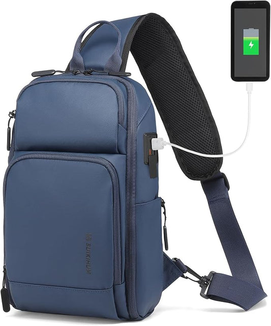 Men's Sling Bag, Convertible Anti Theft Sling Backpack, 11" One Shoulder Crossbody Backpack with USB Charging Port for Working Travel Daily, Dark Blue