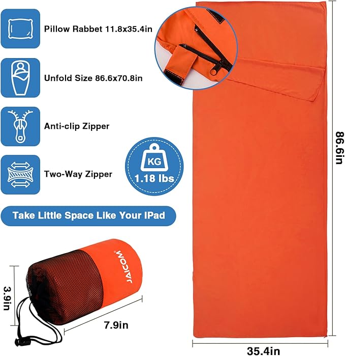 Sleeping Bag Liner, Travel Sheets & Adult Sleep Sack, Ultralight and Portable Summer Sleeping Bag - Ideal for Backpacking, Hotels and Hostels, Business Trips, Camping