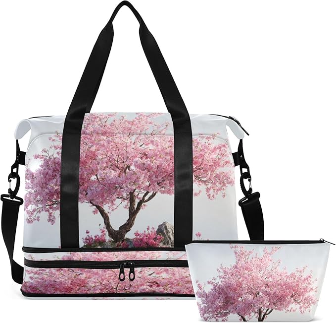 Travel Duffel Bags for Women Cherry Blossom Tree on Water Island Sports Duffel Bags Gym Bags with Shoes Compartment Tote Bag Weekender Bag for Travelling