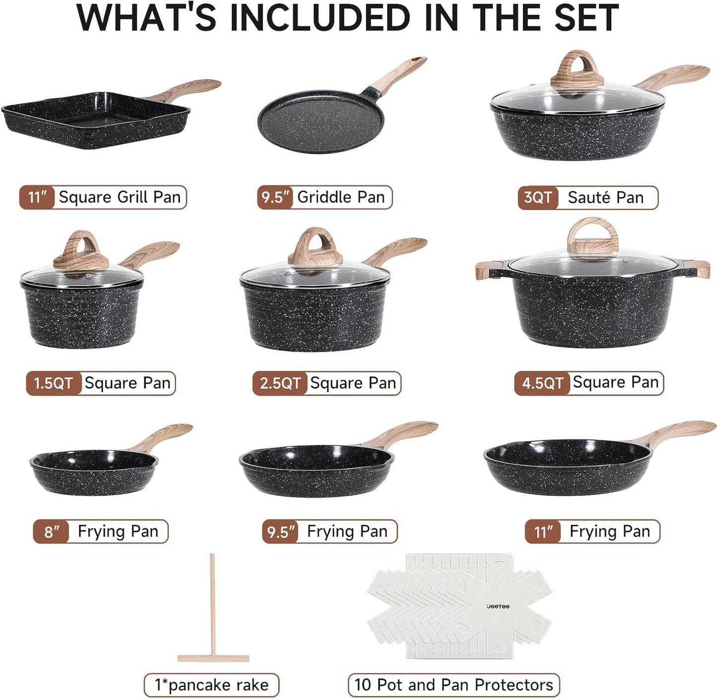 JEETEE 24Pcs Ceramic Cookware Set, Gray Pots and Pans Set Non Stick, Kitchen Healthy Non Toxic Induction Cookware Sets W/Saucepans, Sauté Pan, Griddle, Crepe Pan & Pancake Rake (PFAS,PFOA Free)