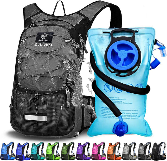 Insulated Hydration Backpack Pack with 3L BPA Free Leak Proof Water Bladder, Large Storage Lightweight Hiking Daypack with Waist Pouches & Cooler Layer, for Running, Biking, Camping, Festival