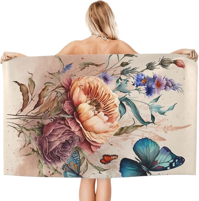 Microfiber Beach Towel, Flower Butterfly Beach Towels 32x52in,Quick Dry, Sand Free, Ultra Soft & Oversized Towel for Travel, Outdoor, Bathroom, Swimming - Ideal for Pool, Camping, Yoga, or Gift Decor