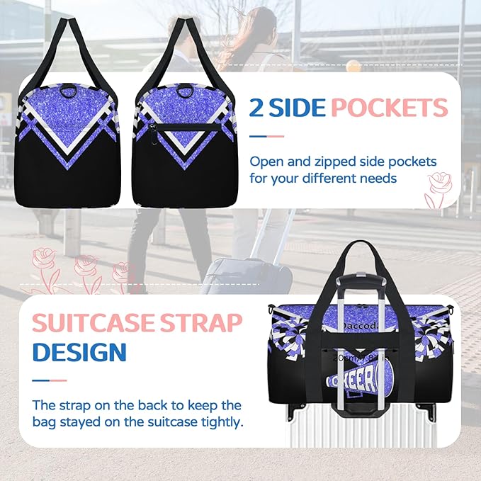 Personalized Ballet Dance Bag, Cheerleading Sport Duffel Tote, Light Blue Glitter Black Cheer Team Customized Travel Duffle Tote with Name Overnight Weekender Perform Cheer Bag