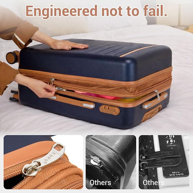 Kono 28 Inch Large Suitcase, Expandable for Long Trips, Impact-Resistant ABS+PC & Silent Wheels, Black, Lightweight Hardshell Luggage, Smooth Rolling Spinner Suitcase for Travel，Navy/Brown