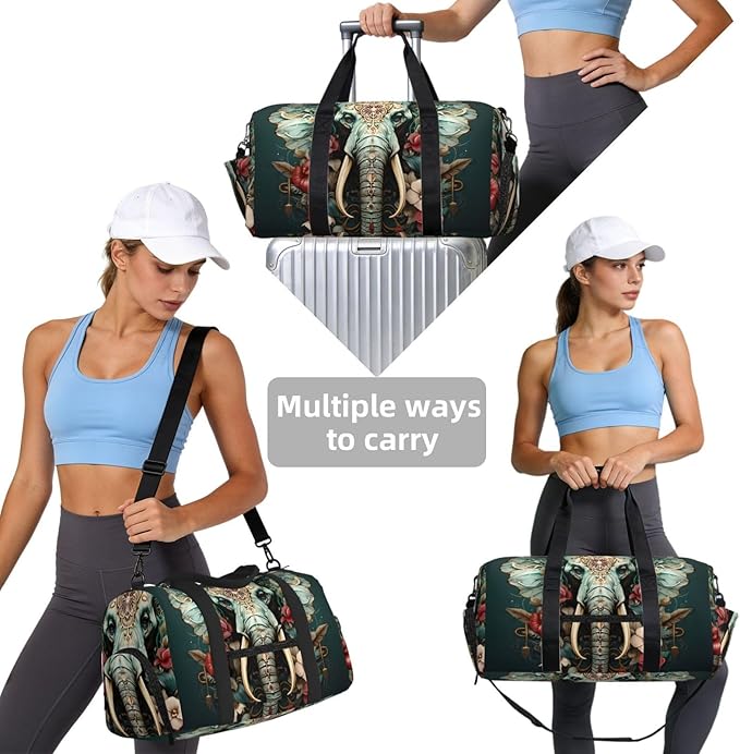 Sports Gym Bag Ethnic Elephant Floral Animal Travel Duffel Bag With Shoe Compartment Shoulder Strap, Lightweight Water-Resistant Weekend Overnight Totes For Women Men