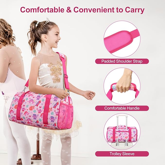 Bagseri Dance Bag for Girls - Kids Duffle with Shoe Compartment, Gymnastics Tote for Sleepover Travel with Water Resistant Wet Pocket (Pink & Crown Dinosaur)