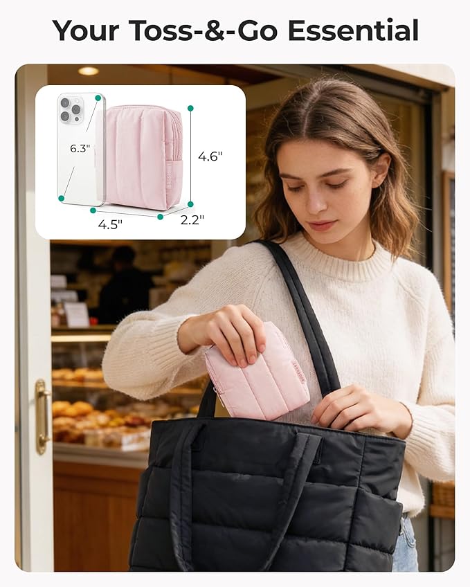 BAGSMART Small Travel Makeup Bag for Purse Toiletry Pouch, Puffy Padded Mini Cosmetics Bag, Cute Make Up Pouch for Women with Slip-in Pocket, Travel Essentials for Toiletries, Chocolate Brown