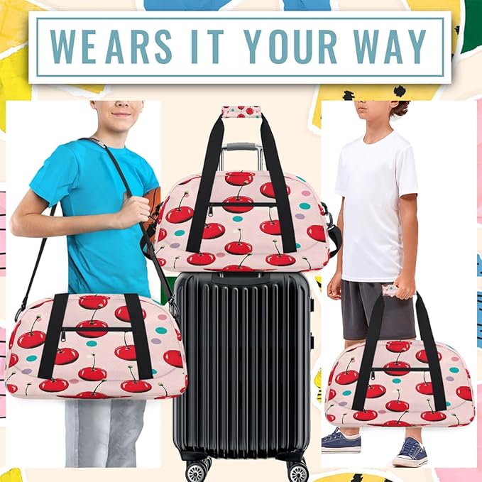 Duffle Bag for Women Men, Polka Dot Cherry Pattern Gym Bag for Travel Sports, Lightweight Waterproof Weekender Overnight Bags with Adjustable Strap
