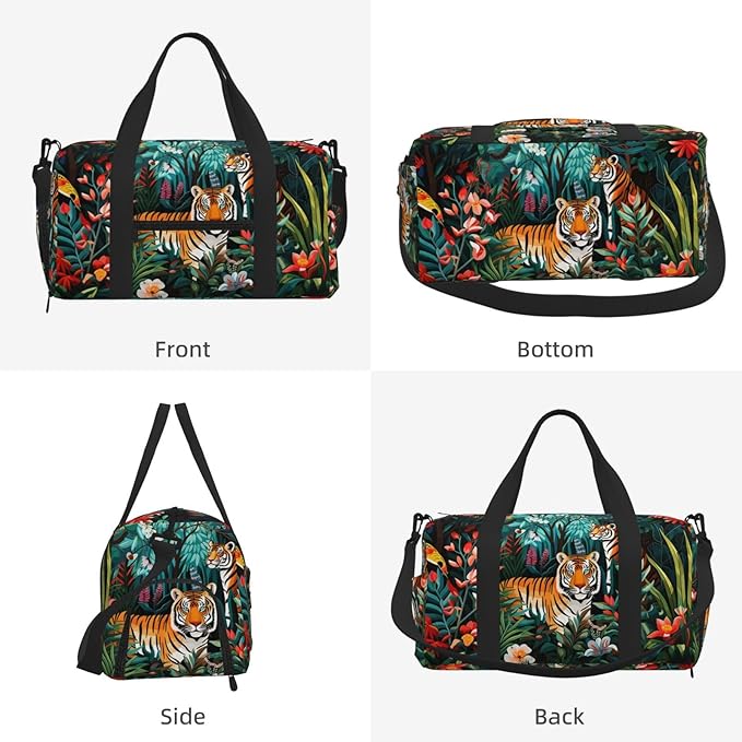 Sports Gym Bag Forest Animals Tiger Floral Travel Duffel Bag With Shoe Compartment Shoulder Strap, Lightweight Water-Resistant Weekend Overnight Totes For Women Men