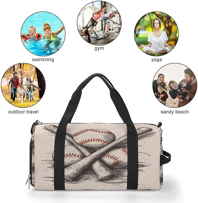 Oxford Cloth Hand Drawn Baseball Bats And Ball Gym Bag,Duffle Bag with Shoes Compartment And Adjustable Shoulder Straps，Weekender Bags for Men Women.