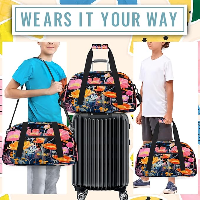 Gym Bag for Women Men, Pink Orange Poppies Black Travel Duffle Bags for Dance Ballet Overnight, Carry-On Weekender Bag with Detachable Shoulder Strap