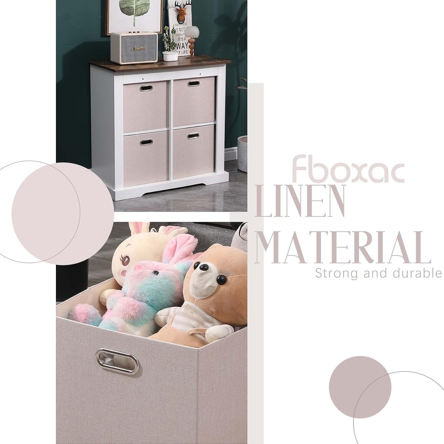 Cube Storage Bins 13×13 Linen Foldable Box with Handles, Collapsible Organization Basket Set of 4 Large Capacity Drawer for Closet Shelf Cabinet Bookcase Bedroom, Beige Sepia