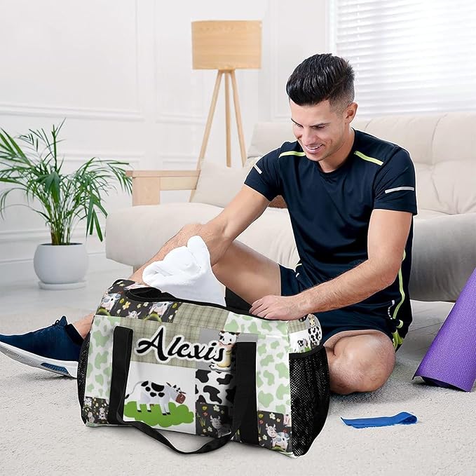 Green Lattice Patchwork Cow Print Waterproof Duffel Bag Adjustable Shoulder Strap Perform Training Travel Bag for Teens Adults Women Men Tote Bag