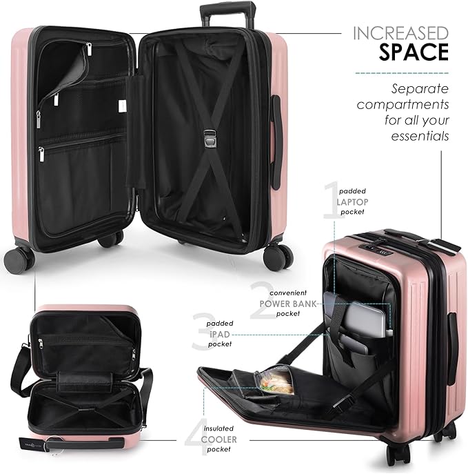 22 Inch Carry On Luggage, Carry On Suitcase with Wheels, Hardside Luggage Carry-On, Expandable Pink Small Suitcase, Hard Shell Carry-on Luggage, Spinner Luggage with Cosmetic Bag