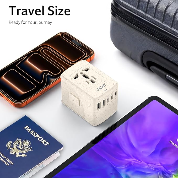 Acer Universal Travel Plug Adapter - International Power Adapter with 5 USB Ports (3 USB C) 5.8A, Worldwide Outlet Charger for USA to European UK France Germany Spain, Type C/E/F/G/I/L/A,Beige