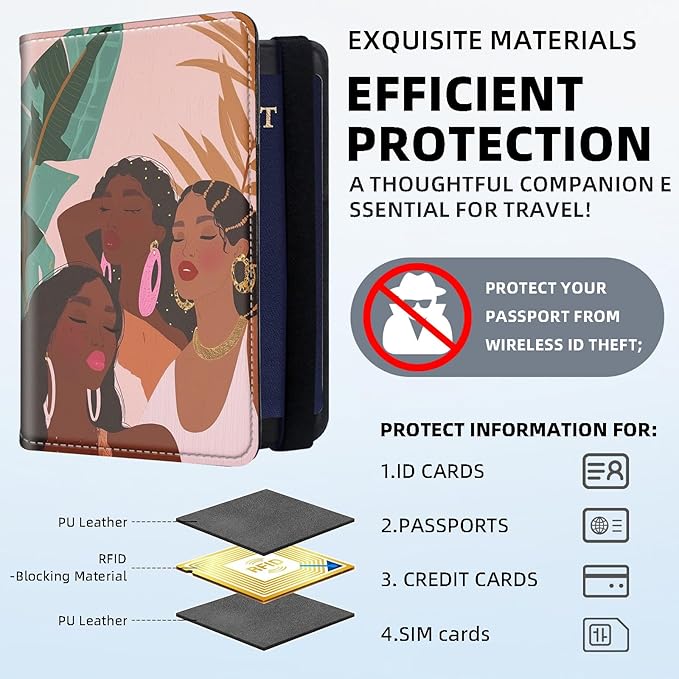RFID Security Premium Passport and Travel Document Holder Combo, Slim PU Leather Folio Wallet with 3 Card Slots & Boarding Pass Pocket, Secure Elastic Closure Organizer, Three beautiful girls