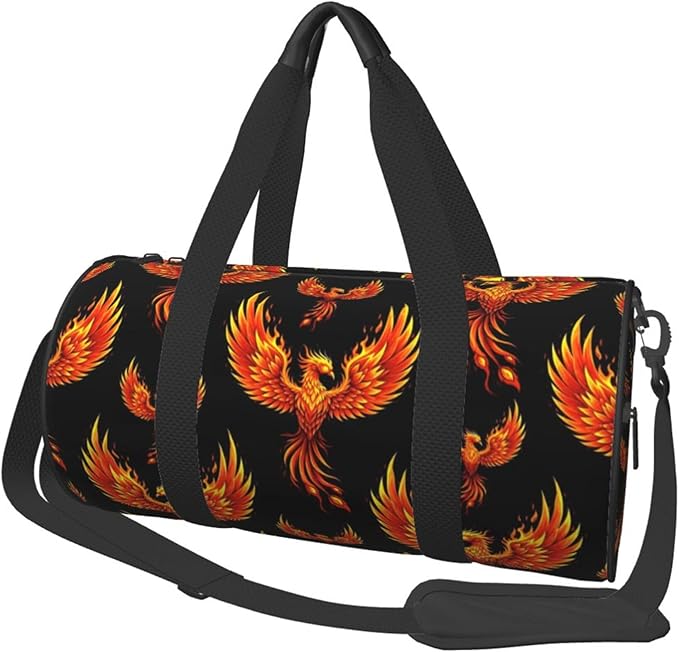 Gym Bag for Men Women Fire Flame Bird Black Art, Small Fitness Workout Sports Bag Water Resistant Overnight Weekender Duffel