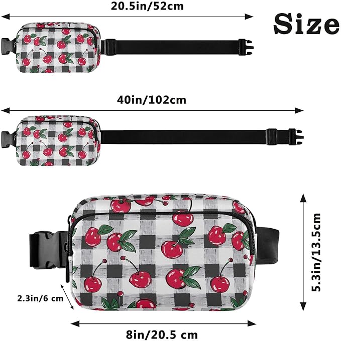 Cherry Fruit Black White Checkered Plaid Fanny Pack for Women Men Water Resistant Fashion Waist Packs with Adjustable Strap Belt Bag for Travel Workout Jogging Hiking 21219426